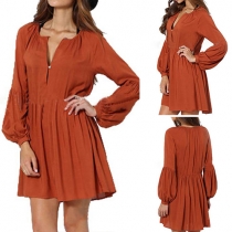 Retro Solid Color V-neck Lantern Sleeve Dress