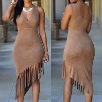 Sexy Deep V-neck Irregular Tassel Hem Sleeveless Sheath Dress