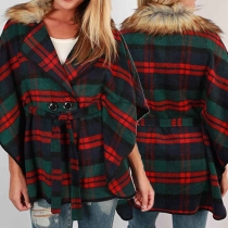Fashion Dolman Sleeve Faux Fur Collar Plaid Coat with Waist Strap