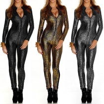 Sexig djup V-ringad långärmad Slim Fit Ormmönstrad Jumpsuit