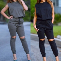 Fashion Solid Color Sleeveless Round Neck Gathered Waist Ripped Jumpsuits