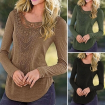 Fashion Solid Color Hollow Out Lace Crochet Spliced Long Sleeve T-shirt
