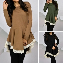 Fashion Long Sleeve Round Neck Lace Spliced Irregular Hem Dress