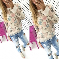 Fashion Long Sleeve Round Neck Lace Spliced Hem Printed T-shirt