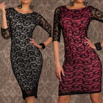 Sexy 3/4 Sleeve Round Neck Slim Fit Lace Dress