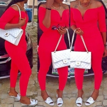 Sexy Off-shoulder Slash Neck 3/4 Sleeve Solid Color Slim Fit Jumpsuits