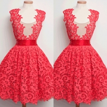 Sexy Deep V-neck Sleeveless High Waist Hollow Out Lace Dress