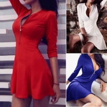 Sexy Zipper Deep V-neck 3/4 Sleeve Slim Fit Solid Color Dress