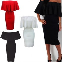 Sexy Flouncing Slash Neck Slim Fit Solid Color Party Dress