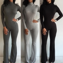Fashion Solid Color Long Sleeve Turtleneck Slim Fit Jumpsuits