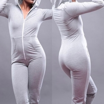 Fashion Solid Color Long Sleeve Hooded Slim Fit Jumpsuits