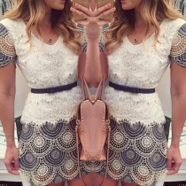 Fashion Short Sleeve Round Neck Lace Spliced Printed Dress