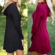 Fashion Leopard Spliced Long Sleeve Hooded Dress