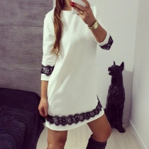 Fashion 3/4 Sleeve Round Neck Lace Spliced Dress