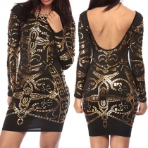 Sexy Backless Long Sleeve Printed Sheath Dress