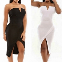 Sexy Strapless V-neck Slit Hem Slim Fit Party Dress