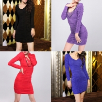Sexy V-neck Long Sleeve Slim Fit Wrinkled Dress