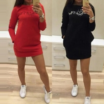 Fashion Solid Color Long Sleeve Round Neck Letters Printed Dress