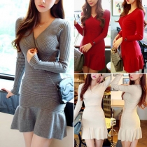 Fashion Solid Color V-neck Flouncing Hem Long Sleeve Sweater Dress