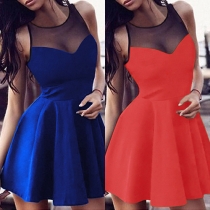 Sexy See-through Gauze Spliced Sleeveless Round Neck High Waist Dress