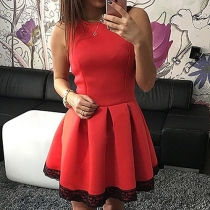 Fashion Sleeveless Round Neck Lace Spliced A-line Dress