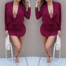 Sexy Deep V-neck Long Sleeve Irregular Hem Dress