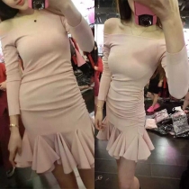 Sexy Slash Neck Long Sleeve Fishtail Hem Solid Color Party Dress