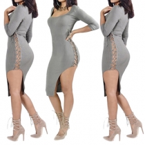 Sexy Hollow Out Lace-up Slit Hem 3/4 Sleeve Sheath Dress