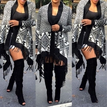Ethnic Style Long Sleeve Irregular Tassel Hem Printed Knit Cardigan