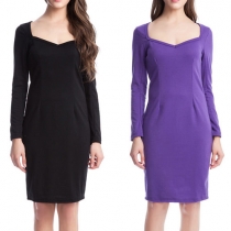 OL Style Long Sleeve V-neck Slim Fit Solid Color Dress