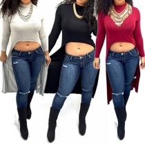 Fashion Solid Color Long Sleeve Stand Collar High-low Hem Tops
