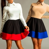 Fashion Long Sleeve POLO Collar Contrast Color Dress