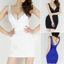 Sexy Backless Deep V-neck Beaded Sleeveless Sheath Dress