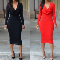 Sexy Deep V-neck Long Sleeve Solid Color Bodycon Dress