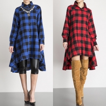 Fashion Long Sleeve POLO Collar Irregular Hem Plaid Shirt Dress
