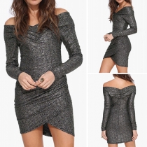 Sexy Off-shoulder V-neck Irregular Hem Long Sleeve Sheath Dress