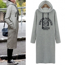 Fashion Letters Printed Long Sleeve Hooded Sweatshirt Dress