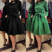 Fashion Solid Color Long Sleeve POLO Collar Shirt Dress