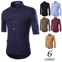Fashion Solid Color Long Sleeve POLO Collar Slim Fit Men's Shirt