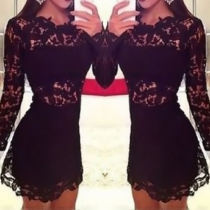 Sexy Long Sleeve Round Neck Slim Fit Hollow Out Lace Dress