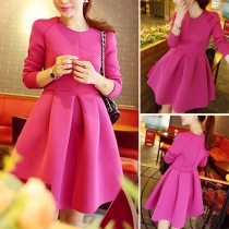 Elegant Solid Color Long Sleeve Round Neck Slim Fit A-line Dress