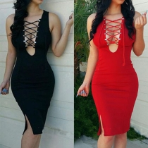 Sexy Lace-up Deep V-neck Slit Hem Sleeveless Bodycon Dress
