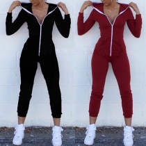 Fashion Solid Color Long Sleeve Hooded Slim Fit Jumpsuits