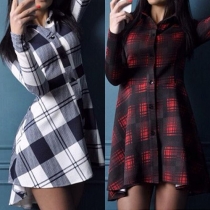 OL Style Long Sleeve POLO Collar Irregular Hem Plaid Shirt Dress