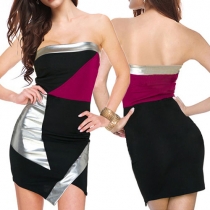 Sexy Strapless Irregular Hem Slim Fit Contrast Color Party Dress