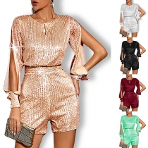 Elegant Long Sleeve Round Neck Slim Fit Sequin Rompers