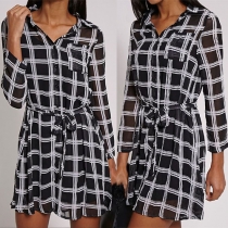 Fashion Long Sleeve POLO Collar Plaid Chiffon Shirt Dress with Waist Strap