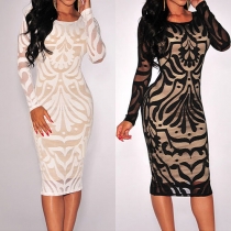 Sexy Backless Long Sleeve Round Neck Lace Printed Bodycon Dress
