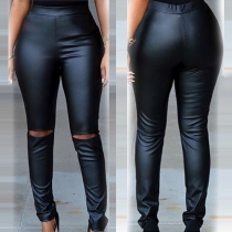 Distressed Style High Waist Slim Fit Ripped PU Leather Pencil Pants