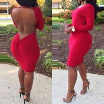 Sexy Backless Long Sleeve Solid Color Bodycon Dress